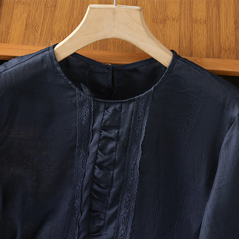 Camicia da donna in cotone e lino con maniche a tre quarti, casual, colore puro, con scollo a giro , Buddha Stones - image 3