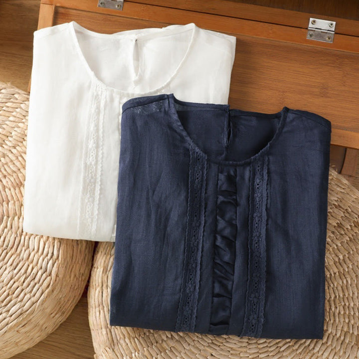Camicia da donna in cotone e lino con maniche a tre quarti, casual, colore puro, con scollo a giro , Buddha Stones - image 18