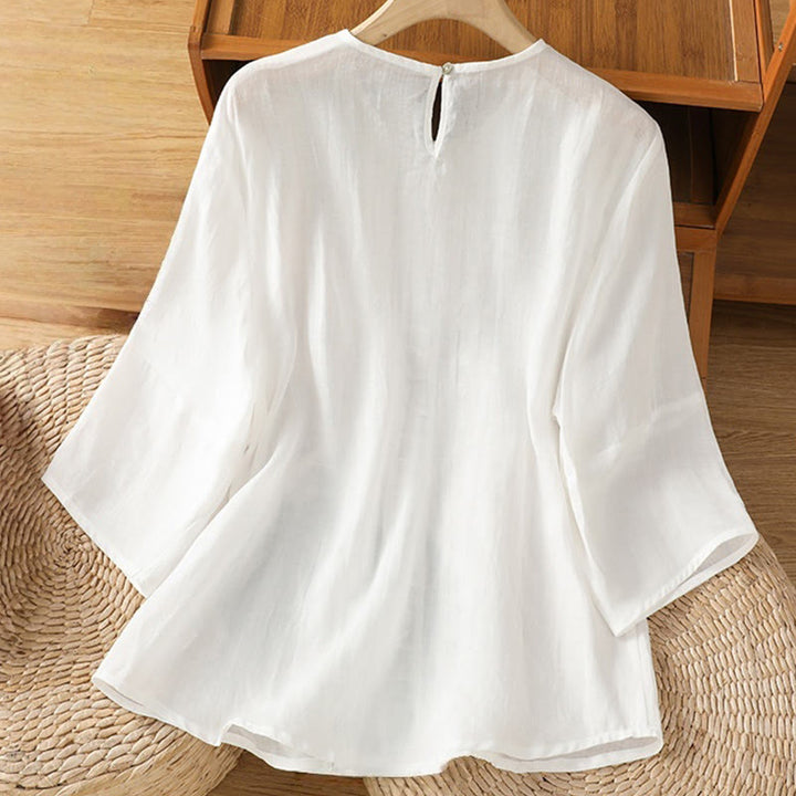 Camicia da donna in cotone e lino con maniche a tre quarti, casual, colore puro, con scollo a giro , Buddha Stones - image 8