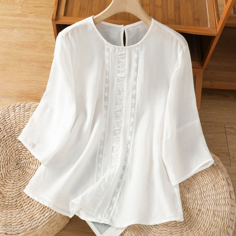 Camicia da donna in cotone e lino con maniche a tre quarti, casual, colore puro, con scollo a giro , Buddha Stones - Bianco - US8-10, UK/AU12-14, EU40-42 (2XL) - image 7