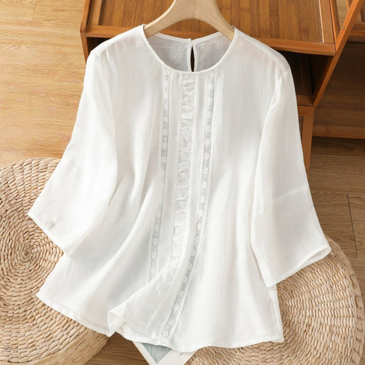 Camicia da donna in cotone e lino con maniche a tre quarti, casual, colore puro, con scollo a giro , Buddha Stones - Bianco - US8-10, UK/AU12-14, EU40-42 (2XL) - image 7