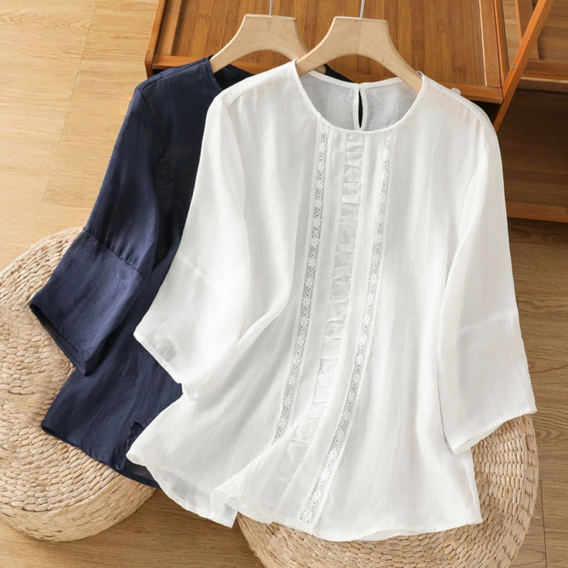 Camicia da donna in cotone e lino con maniche a tre quarti, casual, colore puro, con scollo a giro , Buddha Stones - image 17