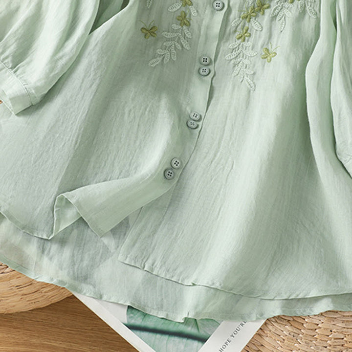 Camicia da donna in misto cotone con maniche a tre quarti e colletto alto, motivo Buddha Stones, ricamo di piante casual