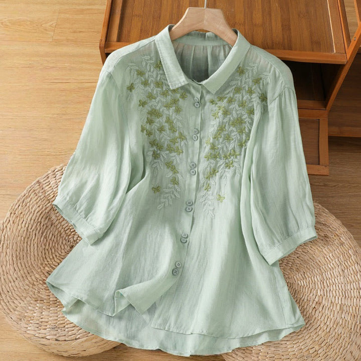 Camicia da donna in misto cotone con maniche a tre quarti e colletto alto, motivo Buddha Stones, ricamo di piante casual