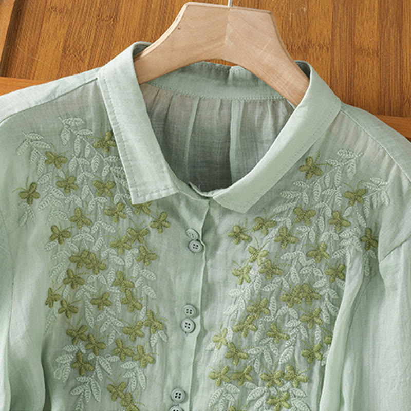 Camicia da donna in misto cotone con maniche a tre quarti e colletto alto, motivo Buddha Stones, ricamo di piante casual