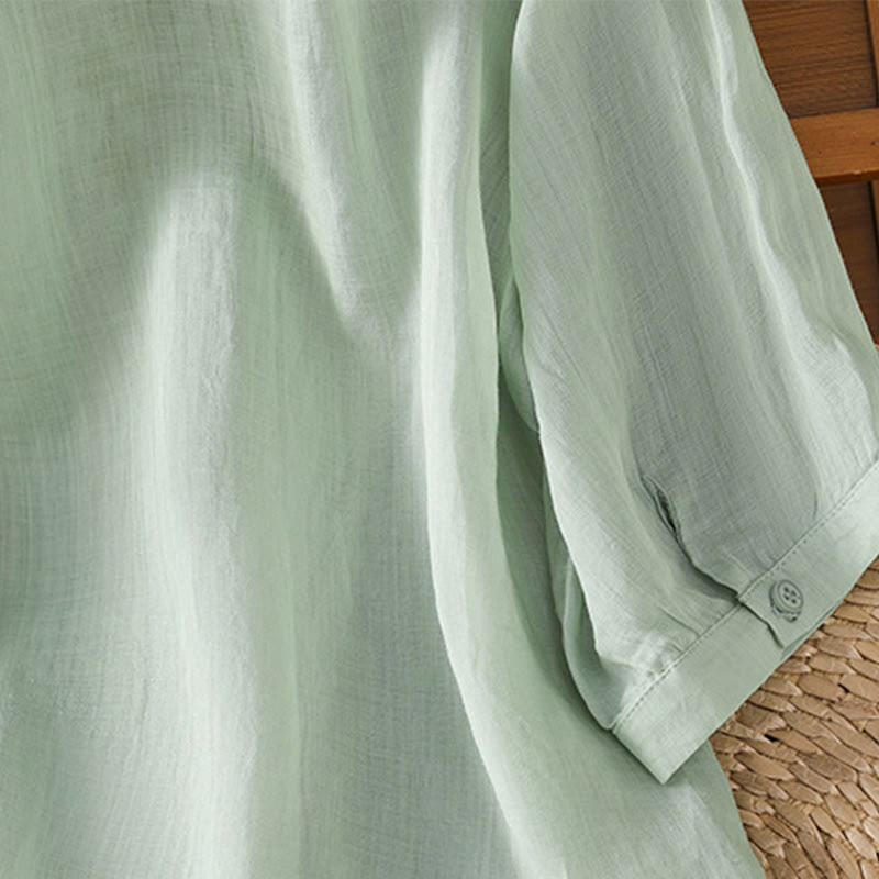 Camicia da donna in misto cotone con maniche a tre quarti e colletto alto, motivo Buddha Stones, ricamo di piante casual