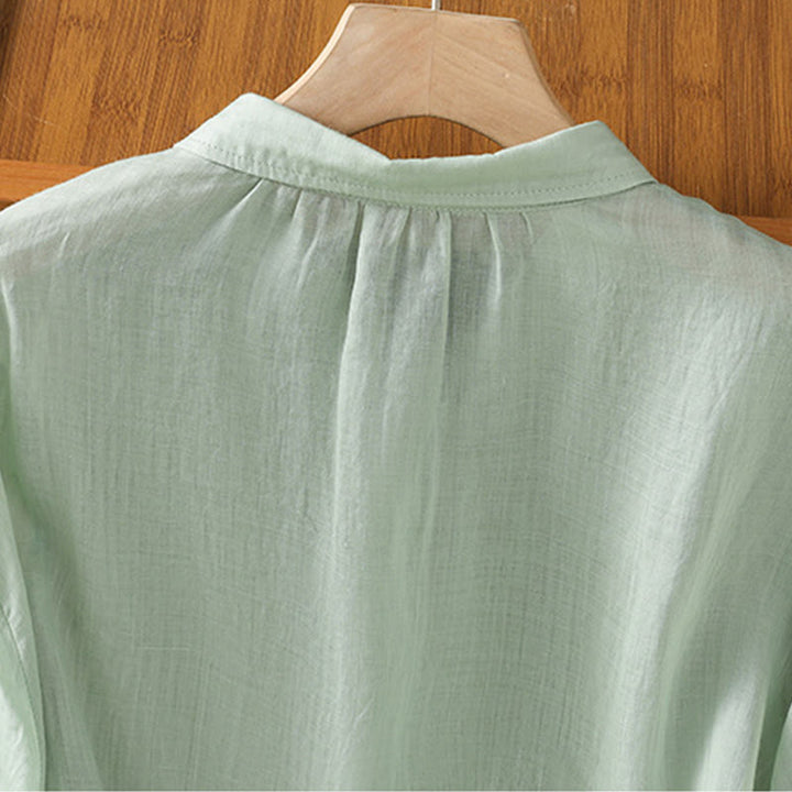 Camicia da donna in misto cotone con maniche a tre quarti e colletto alto, motivo Buddha Stones, ricamo di piante casual