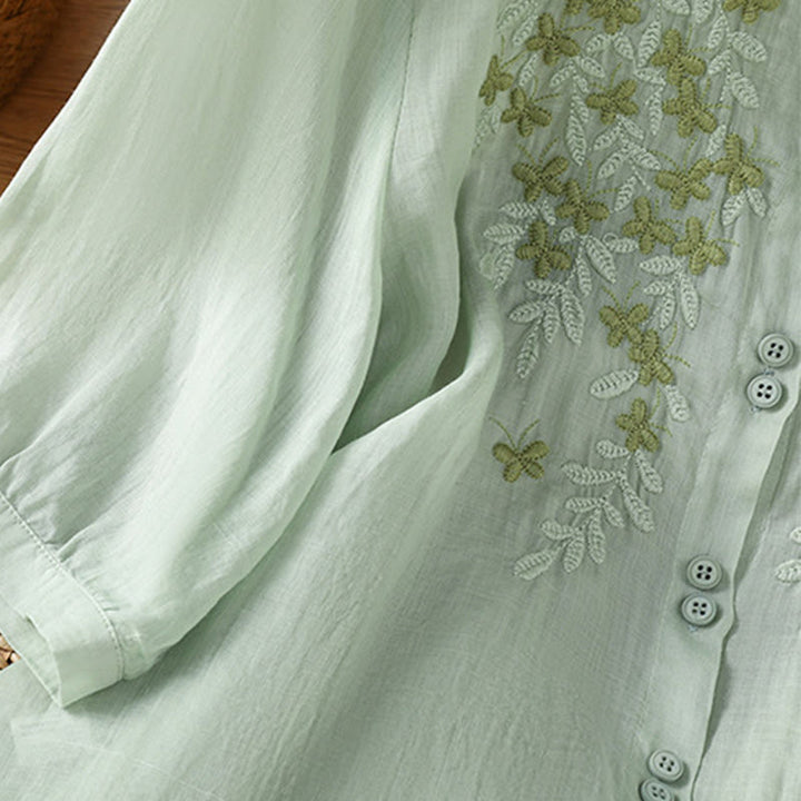 Camicia da donna in misto cotone con maniche a tre quarti e colletto alto, motivo Buddha Stones, ricamo di piante casual