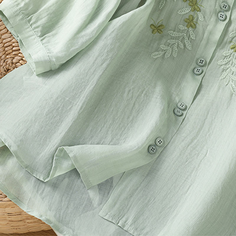 Camicia da donna in misto cotone con maniche a tre quarti e colletto alto, motivo Buddha Stones, ricamo di piante casual