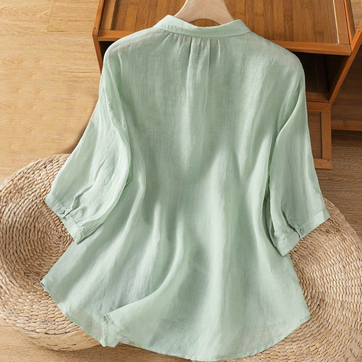 Camicia da donna in misto cotone con maniche a tre quarti e colletto alto, motivo Buddha Stones, ricamo di piante casual