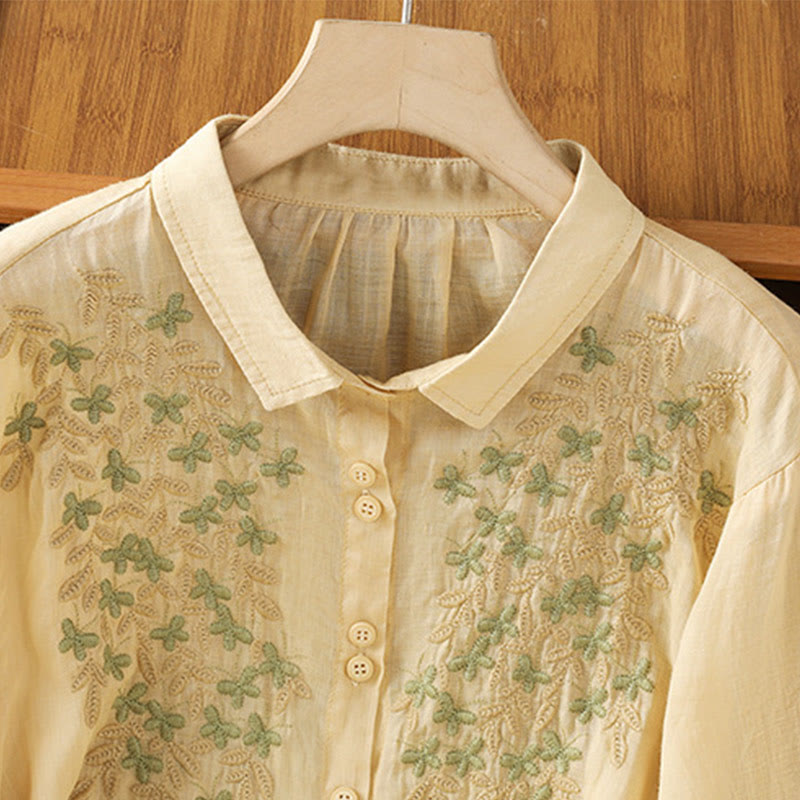 Camicia da donna in misto cotone con maniche a tre quarti e colletto alto, motivo Buddha Stones, ricamo di piante casual