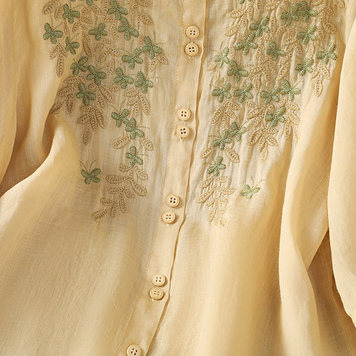 Camicia da donna in misto cotone con maniche a tre quarti e colletto alto, motivo Buddha Stones, ricamo di piante casual