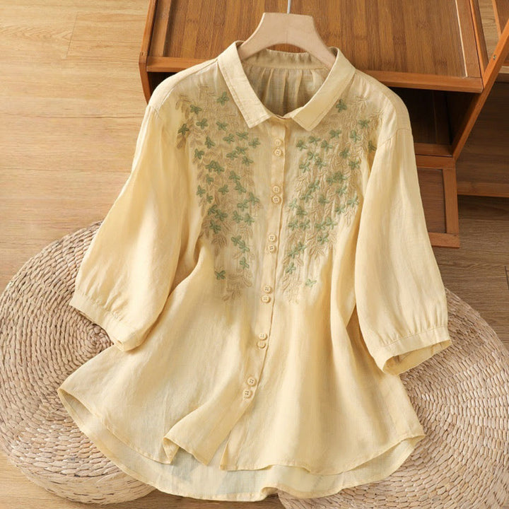 Camicia da donna in misto cotone con maniche a tre quarti e colletto alto, motivo Buddha Stones, ricamo di piante casual