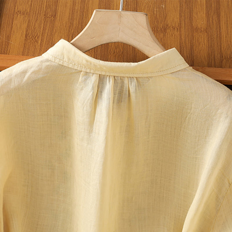 Camicia da donna in misto cotone con maniche a tre quarti e colletto alto, motivo Buddha Stones, ricamo di piante casual