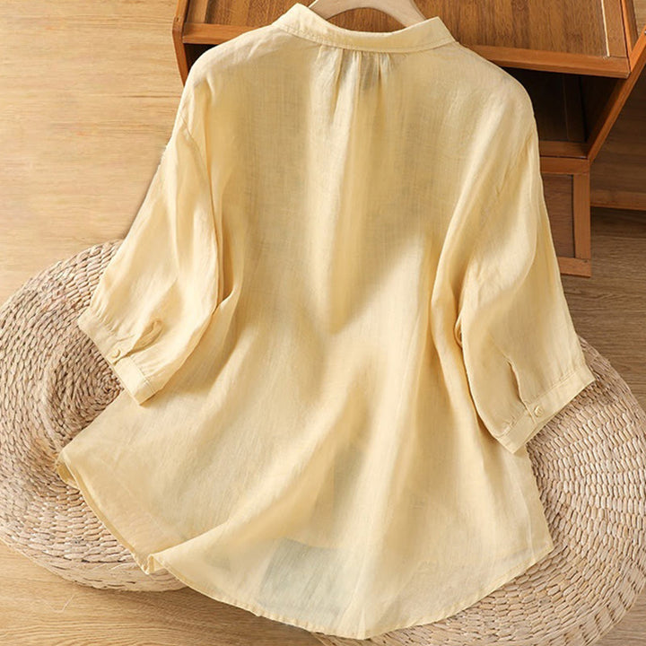 Camicia da donna in misto cotone con maniche a tre quarti e colletto alto, motivo Buddha Stones, ricamo di piante casual