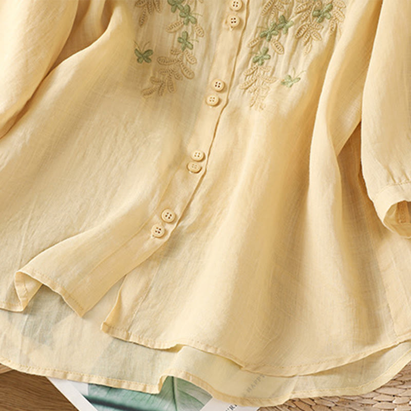 Camicia da donna in misto cotone con maniche a tre quarti e colletto alto, motivo Buddha Stones, ricamo di piante casual