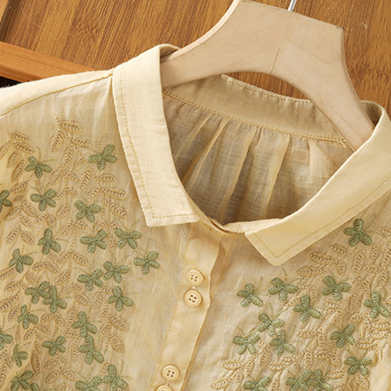 Camicia da donna in misto cotone con maniche a tre quarti e colletto alto, motivo Buddha Stones, ricamo di piante casual