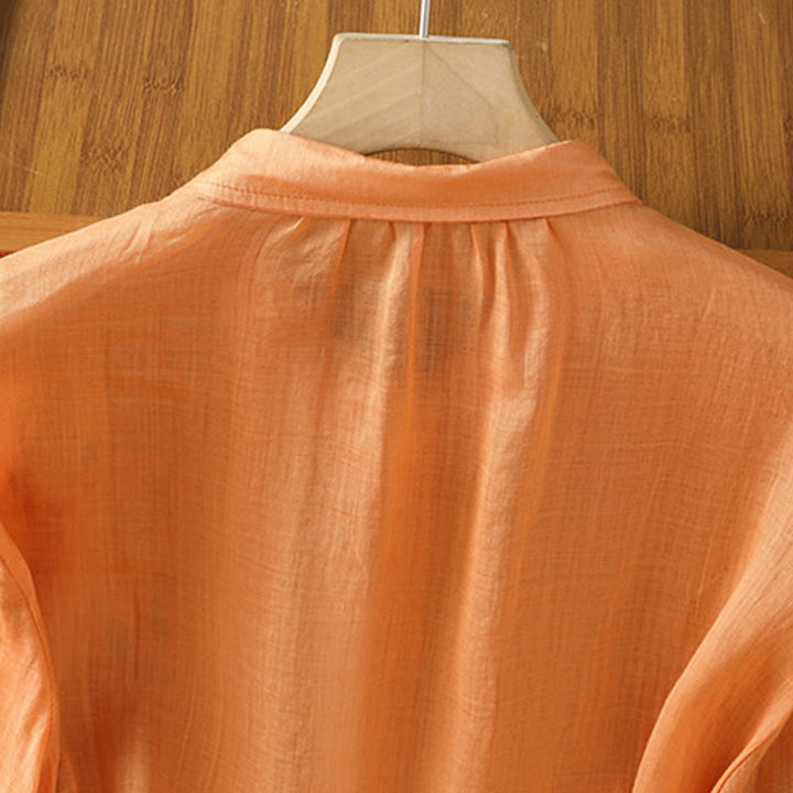 Camicia da donna in misto cotone con maniche a tre quarti e colletto alto, motivo Buddha Stones, ricamo di piante casual