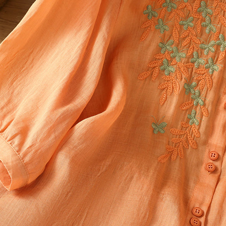 Camicia da donna in misto cotone con maniche a tre quarti e colletto alto, motivo Buddha Stones, ricamo di piante casual