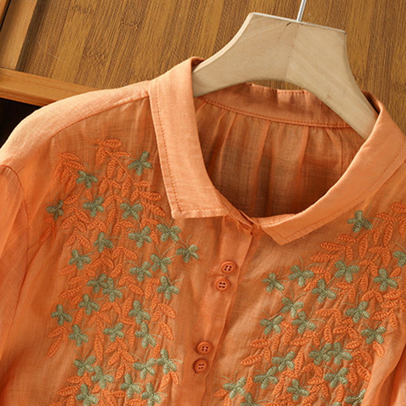 Camicia da donna in misto cotone con maniche a tre quarti e colletto alto, motivo Buddha Stones, ricamo di piante casual