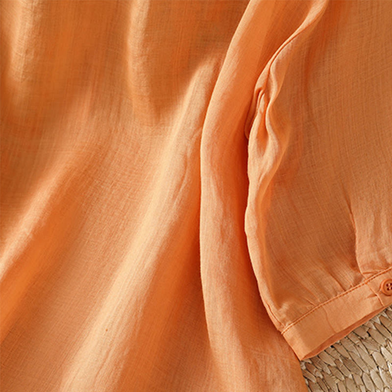 Camicia da donna in misto cotone con maniche a tre quarti e colletto alto, motivo Buddha Stones, ricamo di piante casual