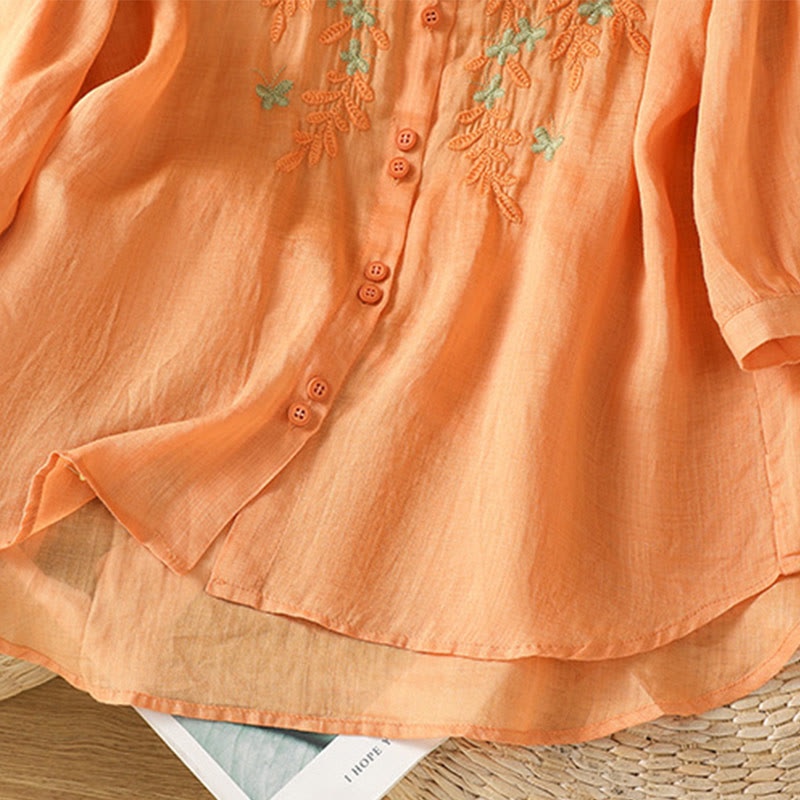 Camicia da donna in misto cotone con maniche a tre quarti e colletto alto, motivo Buddha Stones, ricamo di piante casual