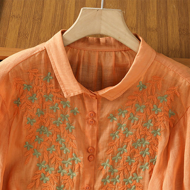Camicia da donna in misto cotone con maniche a tre quarti e colletto alto, motivo Buddha Stones, ricamo di piante casual