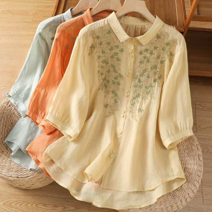 Camicia da donna in misto cotone con maniche a tre quarti e colletto alto, motivo Buddha Stones, ricamo di piante casual