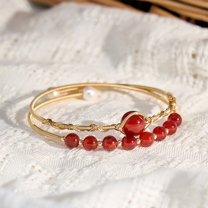 Bracciale rigido in metallo con perline di agata rossa naturale in rame riempito d'oro 14K Buddha Stones