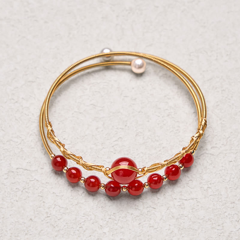 Bracciale rigido in metallo con perline di agata rossa naturale in rame riempito d'oro 14K Buddha Stones