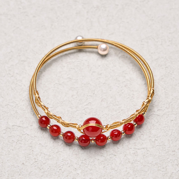 Bracciale rigido in metallo con perline di agata rossa naturale in rame riempito d'oro 14K Buddha Stones