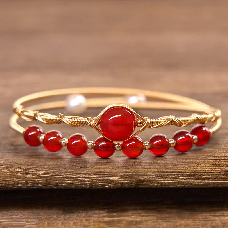 Bracciale rigido in metallo con perline di agata rossa naturale in rame riempito d'oro 14K Buddha Stones