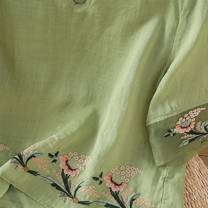 Camicia da donna in poliestere con maniche corte, scollo rotondo, ricamo floreale casual Buddha Stones