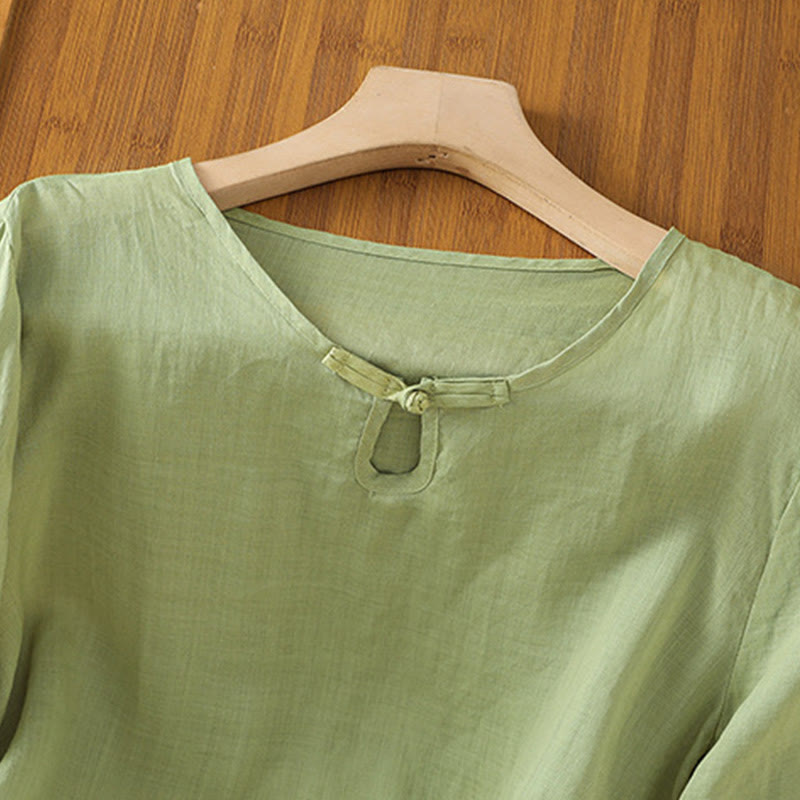 Camicia da donna in poliestere con maniche corte, scollo rotondo, ricamo floreale casual Buddha Stones - image 3