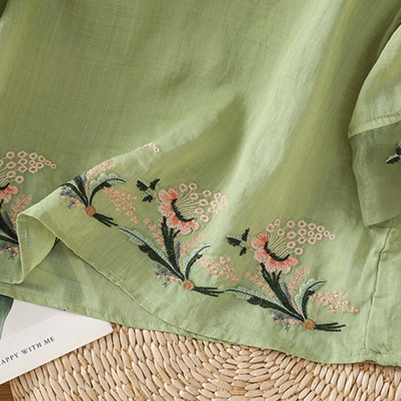 Camicia da donna in poliestere con maniche corte, scollo rotondo, ricamo floreale casual Buddha Stones