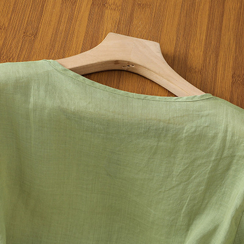 Camicia da donna in poliestere con maniche corte, scollo rotondo, ricamo floreale casual Buddha Stones - image 4