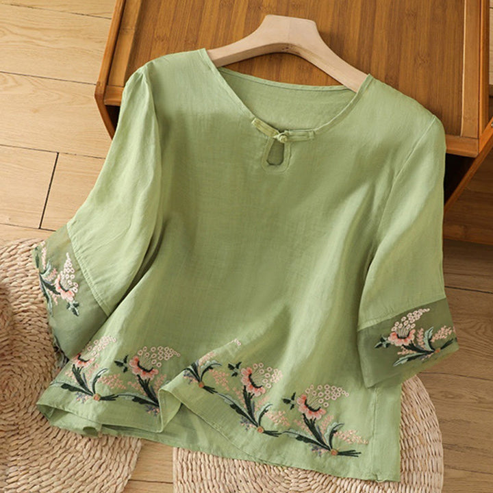 Camicia da donna in poliestere con maniche corte, scollo rotondo, ricamo floreale casual Buddha Stones
