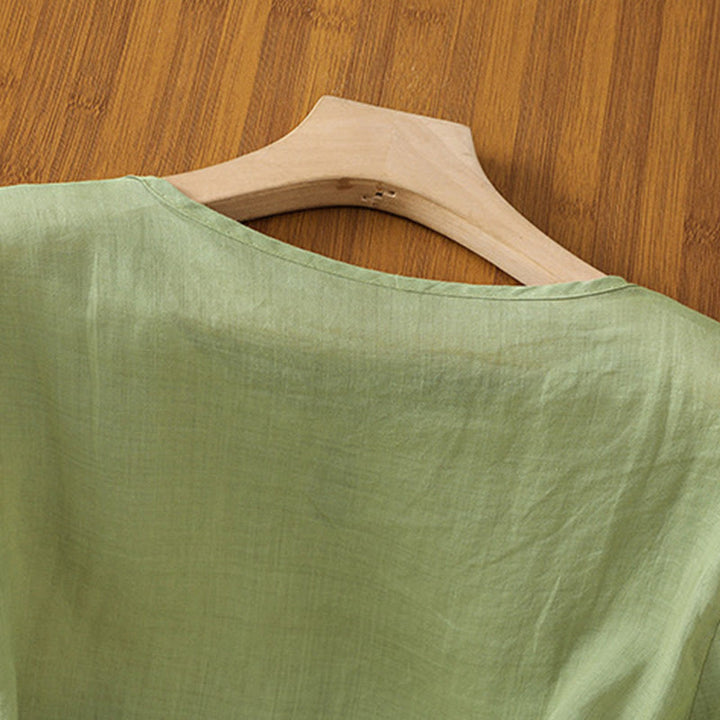 Camicia da donna in poliestere con maniche corte, scollo rotondo, ricamo floreale casual Buddha Stones