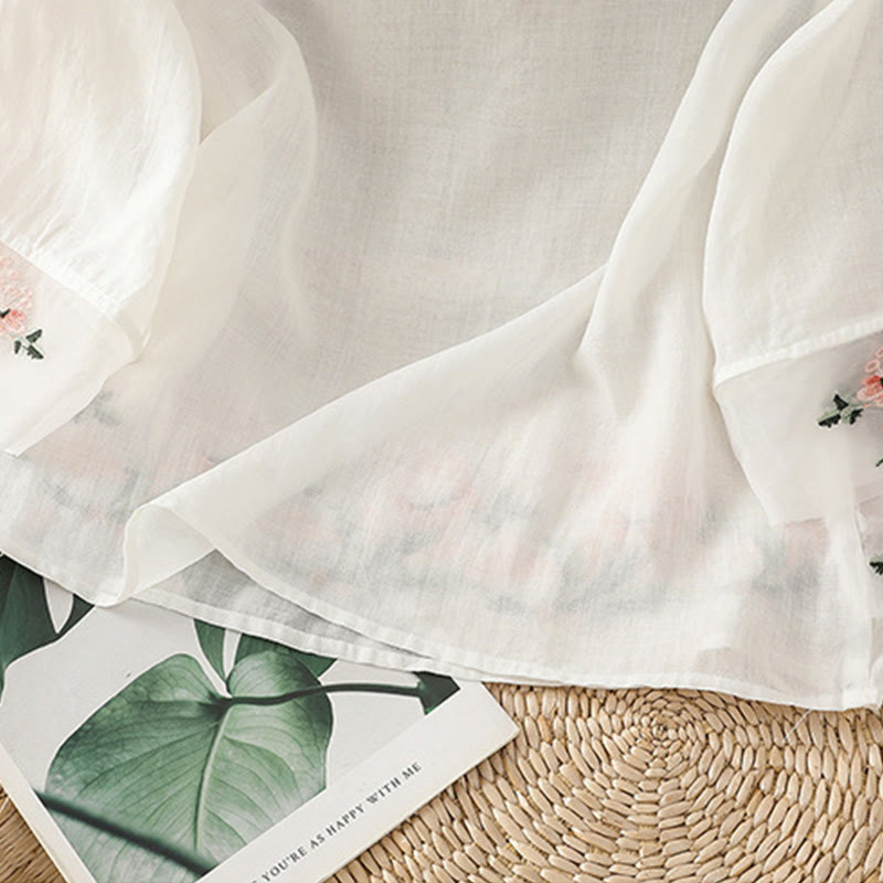 Camicia da donna in poliestere con maniche corte, scollo rotondo, ricamo floreale casual Buddha Stones - image 11