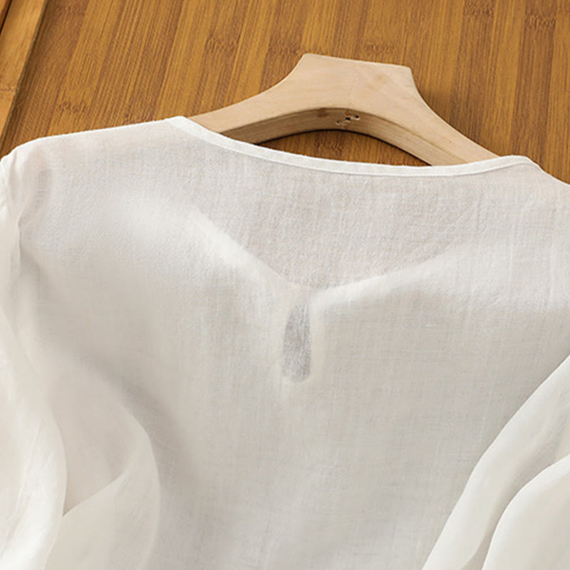 Camicia da donna in poliestere con maniche corte, scollo rotondo, ricamo floreale casual Buddha Stones - image 9