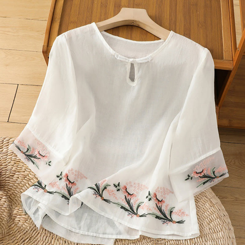 Camicia da donna in poliestere con maniche corte, scollo rotondo, ricamo floreale casual Buddha Stones