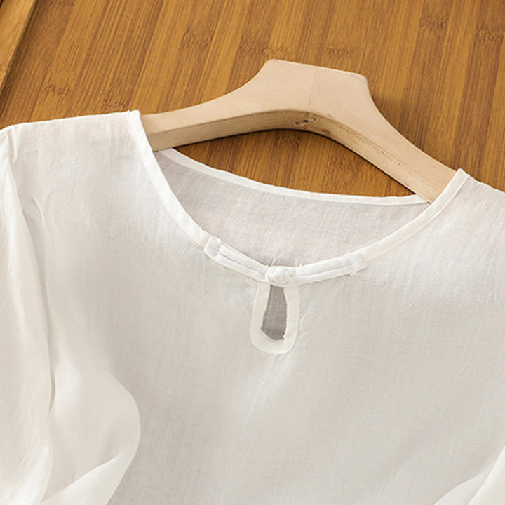 Camicia da donna in poliestere con maniche corte, scollo rotondo, ricamo floreale casual Buddha Stones