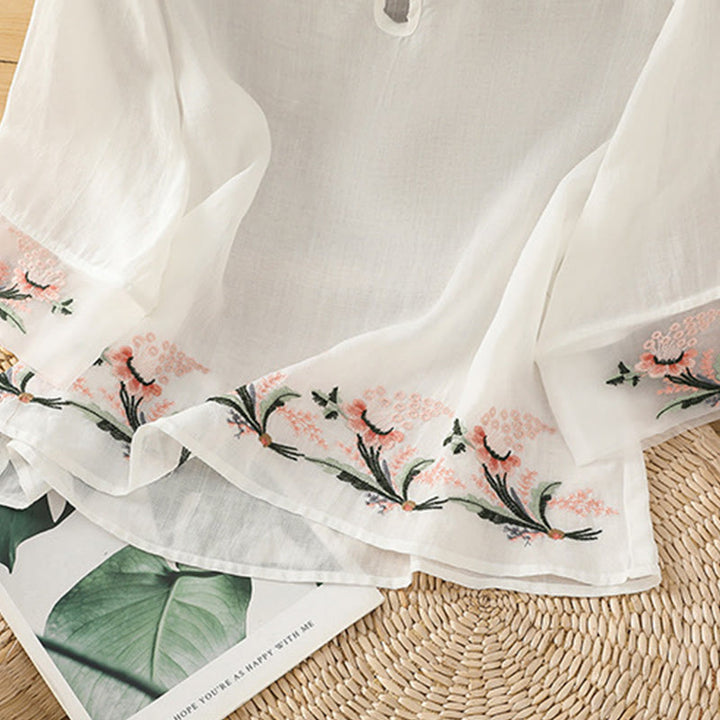 Camicia da donna in poliestere con maniche corte, scollo rotondo, ricamo floreale casual Buddha Stones - image 12