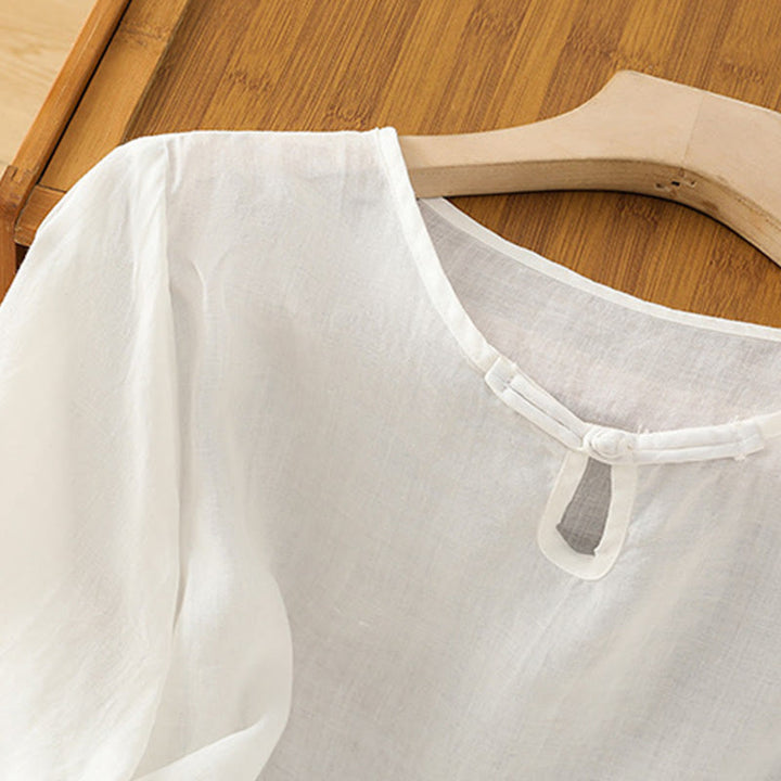 Camicia da donna in poliestere con maniche corte, scollo rotondo, ricamo floreale casual Buddha Stones - image 10