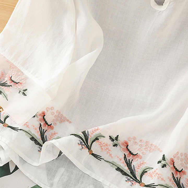 Camicia da donna in poliestere con maniche corte, scollo rotondo, ricamo floreale casual Buddha Stones - image 14