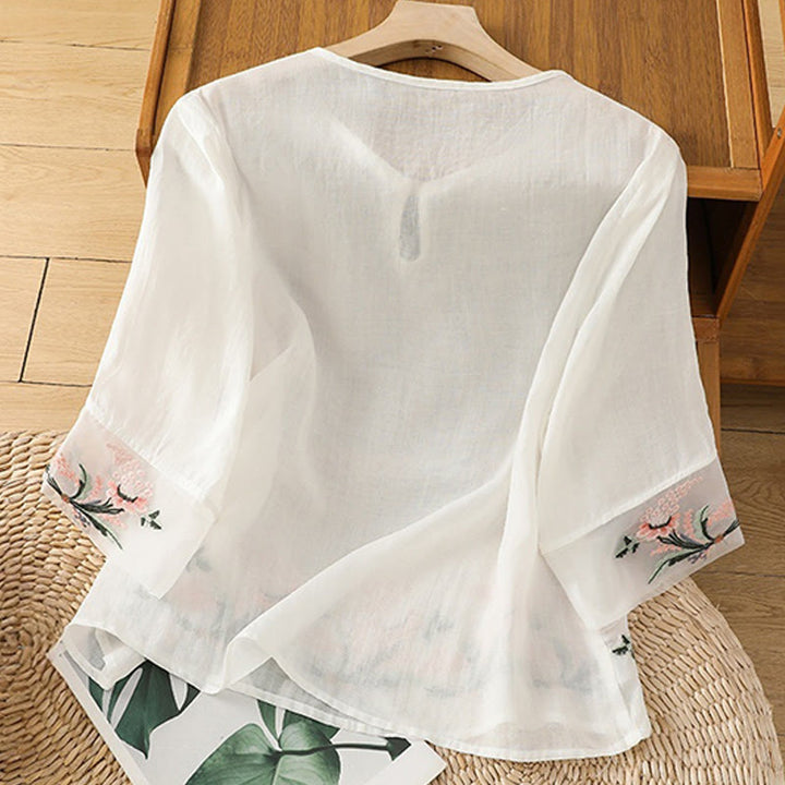 Camicia da donna in poliestere con maniche corte, scollo rotondo, ricamo floreale casual Buddha Stones
