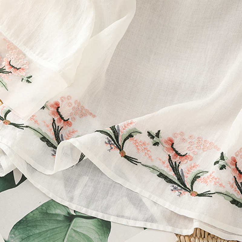 Camicia da donna in poliestere con maniche corte, scollo rotondo, ricamo floreale casual Buddha Stones - image 13