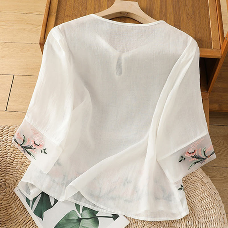 Camicia da donna in poliestere con maniche corte, scollo rotondo, ricamo floreale casual Buddha Stones - image 7