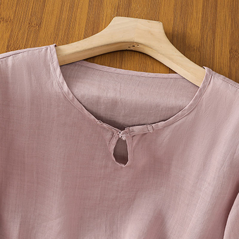 Camicia da donna in poliestere con maniche corte, scollo rotondo, ricamo floreale casual Buddha Stones