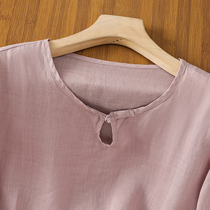 Camicia da donna in poliestere con maniche corte, scollo rotondo, ricamo floreale casual Buddha Stones